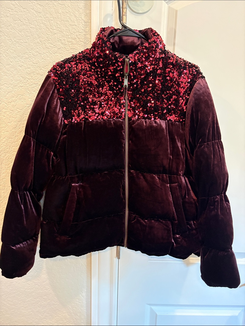 Maeve by Anthropologie Women's Velvet Puffer Jacket with Sequin Yoke - Burgundy